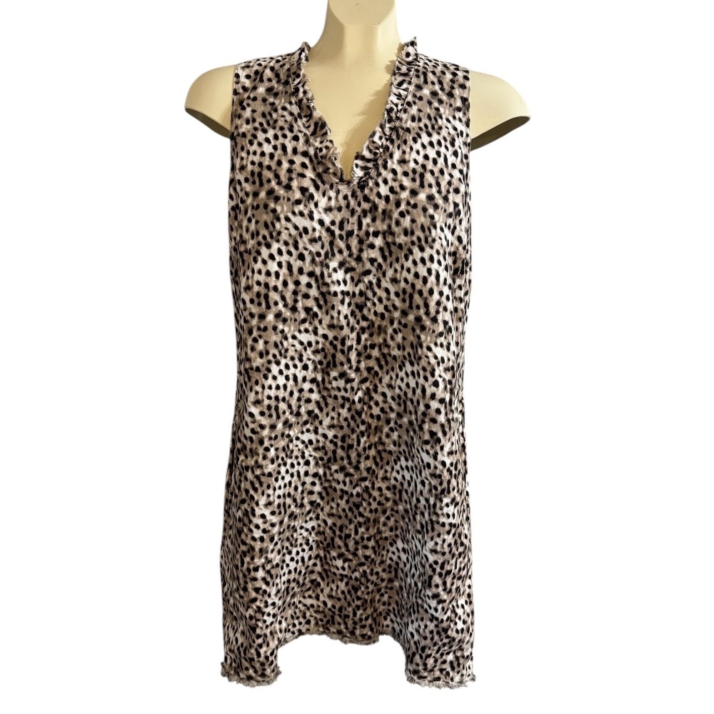 Tommy Bahama Lagoon Leopard Linen Shift Dress Ruffle V-Neck Raw Hem Summer Boho - Picture 2 of 8